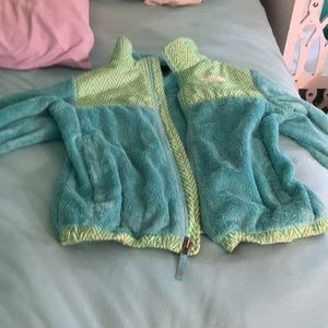 A turquoise and green  Northface jacket